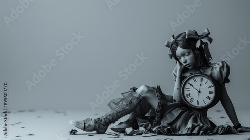 A woman in a tattered dress holds a clock, her expression melancholic against a stark, gray background. The image evokes a sense of lost time and faded beauty.