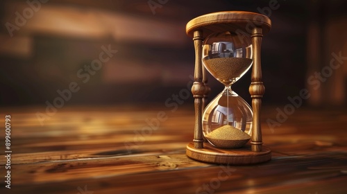 A wooden hourglass sits on a rustic table, with sand slowly flowing through the glass