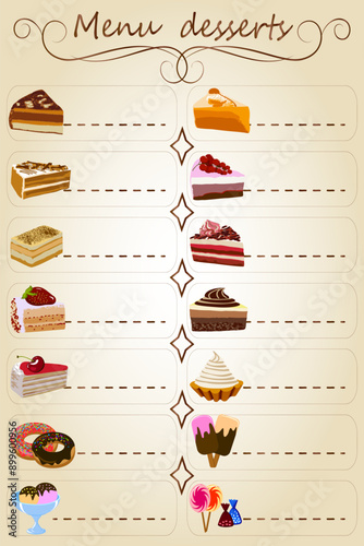 Vector illustration of a menu of sweet desserts.The menu of sweet desserts in color is perfect for cafe design.