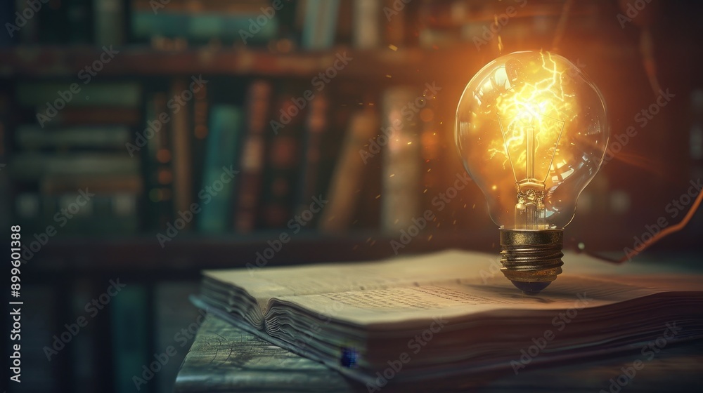 © Aris Suwanmalee - A glowing lightbulb on an open book, symbolizing inspiration and knowledge gained from reading. A bookshelf with dusty books is in the background. © Aris Suwanmalee - A glowing lightbulb on an open book, symbolizing inspiration and knowledge gained from reading. A bookshelf with dusty books is in the background.