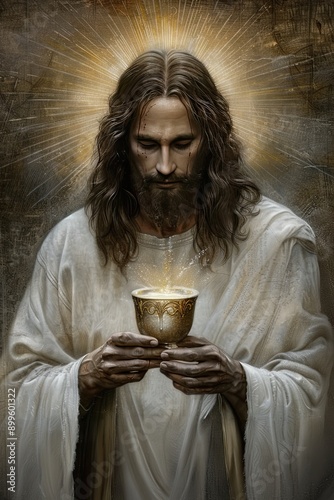 A serene portrayal of Jesus Christ with his eyes closed, holding a golden chalice emitting a radiant light, symbolizing divine presence and the Holy Spirit - AI Generated Digital Art