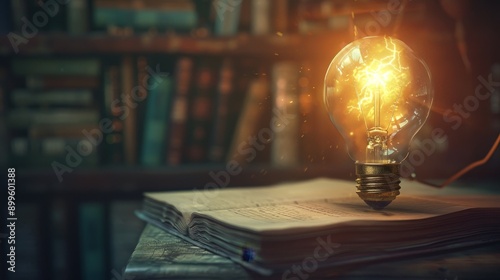 A glowing lightbulb on an open book, symbolizing inspiration and knowledge gained from reading. A bookshelf with dusty books is in the background. photo