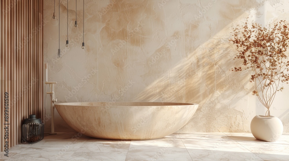 A minimalist bathroom with a freestanding bathtub, wooden wall, and dried flowers in a vase. Sunlight streams through the window.