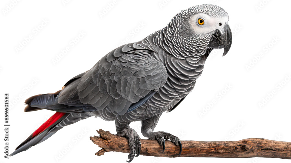 Obraz premium An African Grey Parrot perched on a wooden branch, isolated against a white background. The parrot exhibits stunning plumage in shades of grey with distinctive red tail - AI Generated Digital Art