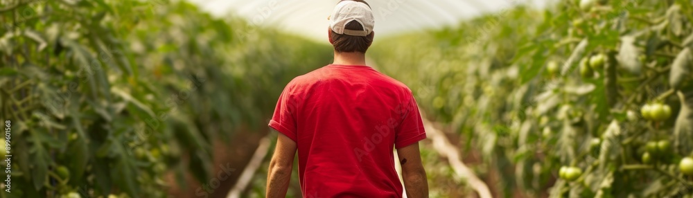 A farmer walks through a lush greenhouse filled with thriving tomato plants, showcasing agricultural dedication and growth. A farmer walks through a lush greenhouse filled with thriving tomato plants, showcasing agricultural dedication and growth.