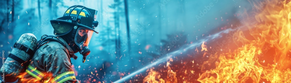 Obraz premium A firefighter battling a fierce wildfire, showcasing bravery and determination in a dramatic, smoky landscape.