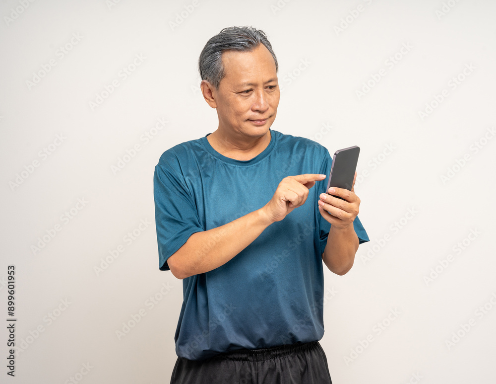 Senior asian old man with sportswear holding smartphone on isolated white background. happy healthy fit and firm attractive sporty mature man standing pose exercise workout in studio. Senior asian old man with sportswear holding smartphone on isolated white background. happy healthy fit and firm attractive sporty mature man standing pose exercise workout in studio.