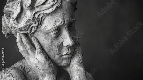 Close-up of a weathered stone statue of a woman with her hands on her face, looking down in sadness.