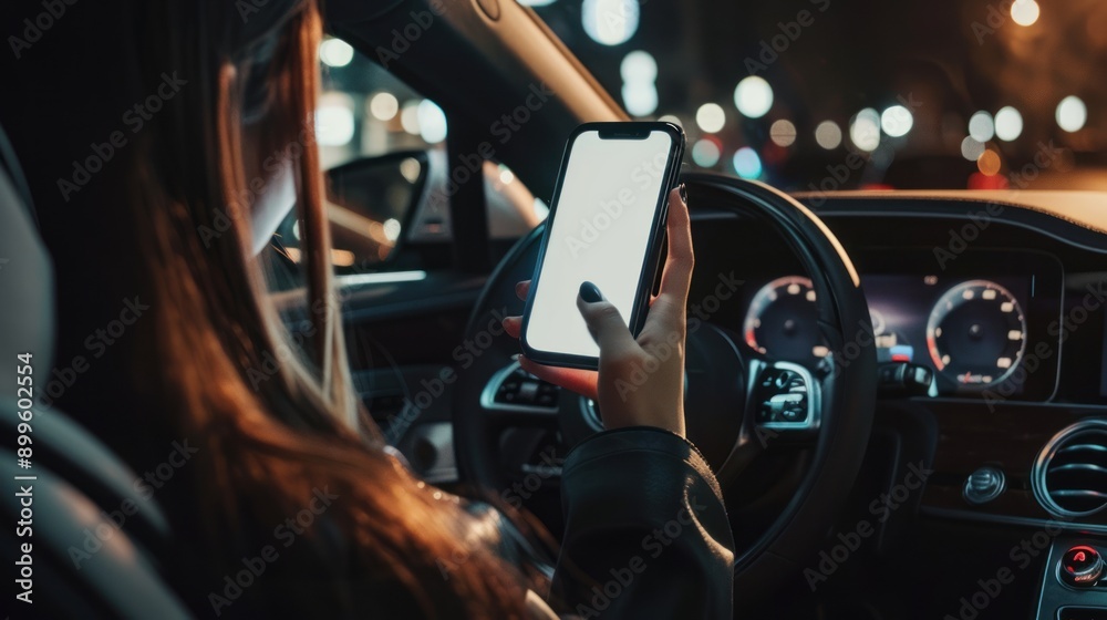 Obraz premium woman holding mobile phone in car