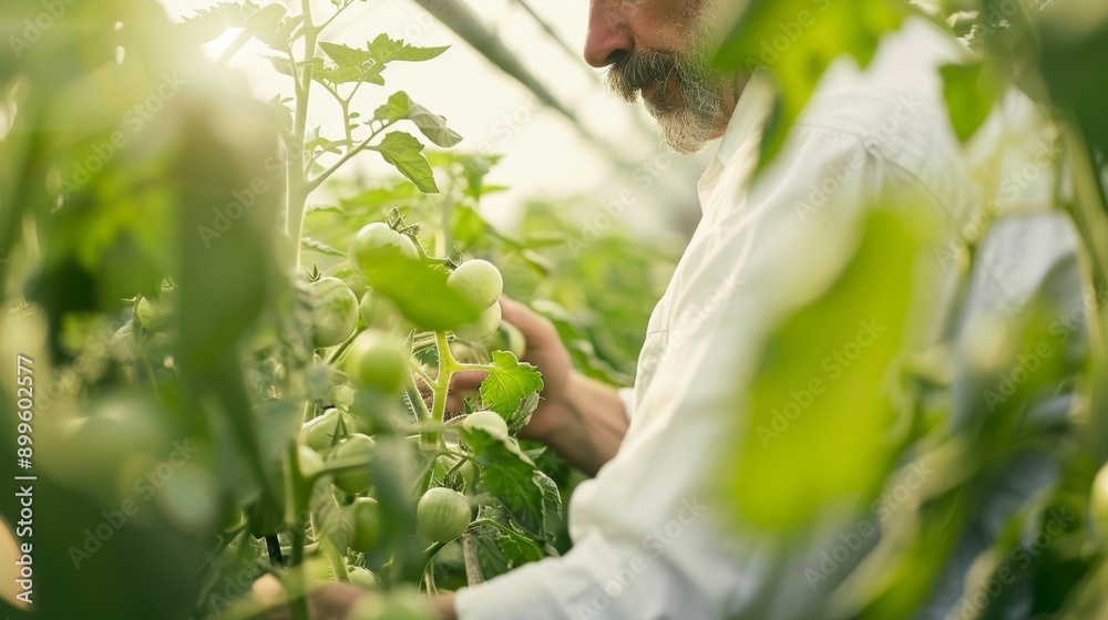 Obraz premium A gardener nurturing green tomatoes in a vibrant greenhouse, showcasing the beauty of organic farming and sustainable practices.