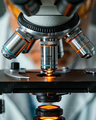 Closeup of a biologist examining cells under a microscope