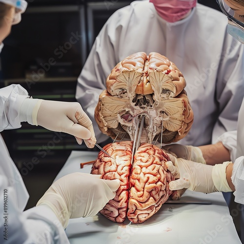 Neuroscience students dissecting a brain specimen photo