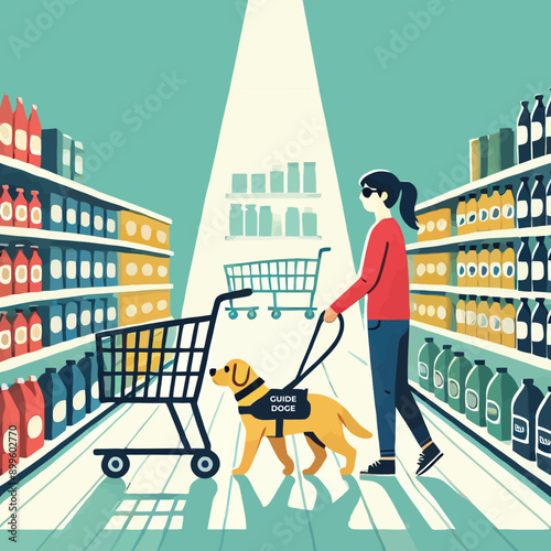 illustration of a guide dog helping a blind person shopping