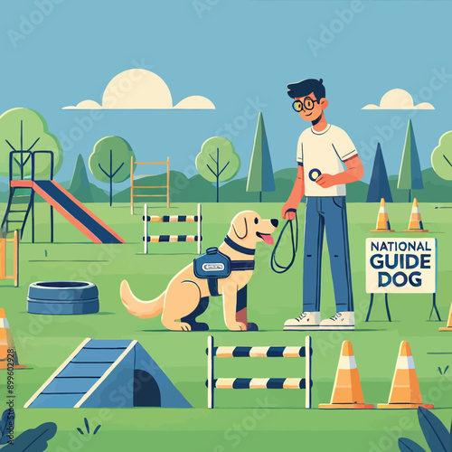 cartoon illustration of a guide dog training on an obstacle course