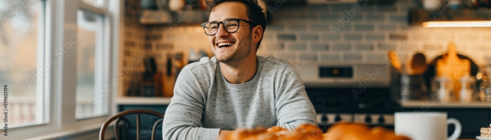 A joyful man enjoying breakfast in a cozy kitchen, radiating warmth and happiness in a relaxed morning setting. A joyful man enjoying breakfast in a cozy kitchen, radiating warmth and happiness in a relaxed morning setting.