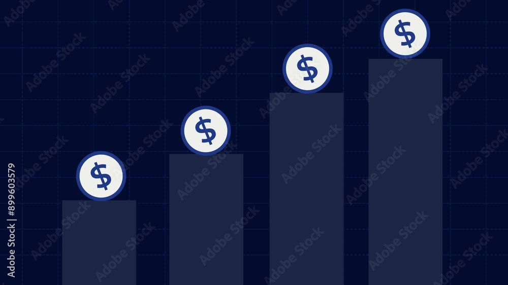 animated video of a bar graph with dollar coins, showing investment growth, income and profits