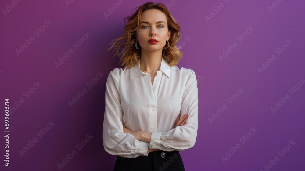 Confident Professional Woman in White Blouse and Black Trousers Posed Against Vibrant Purple Background Exuding Elegance and Style Confident Professional Woman in White Blouse and Black Trousers Posed Against Vibrant Purple Background Exuding Elegance and Style