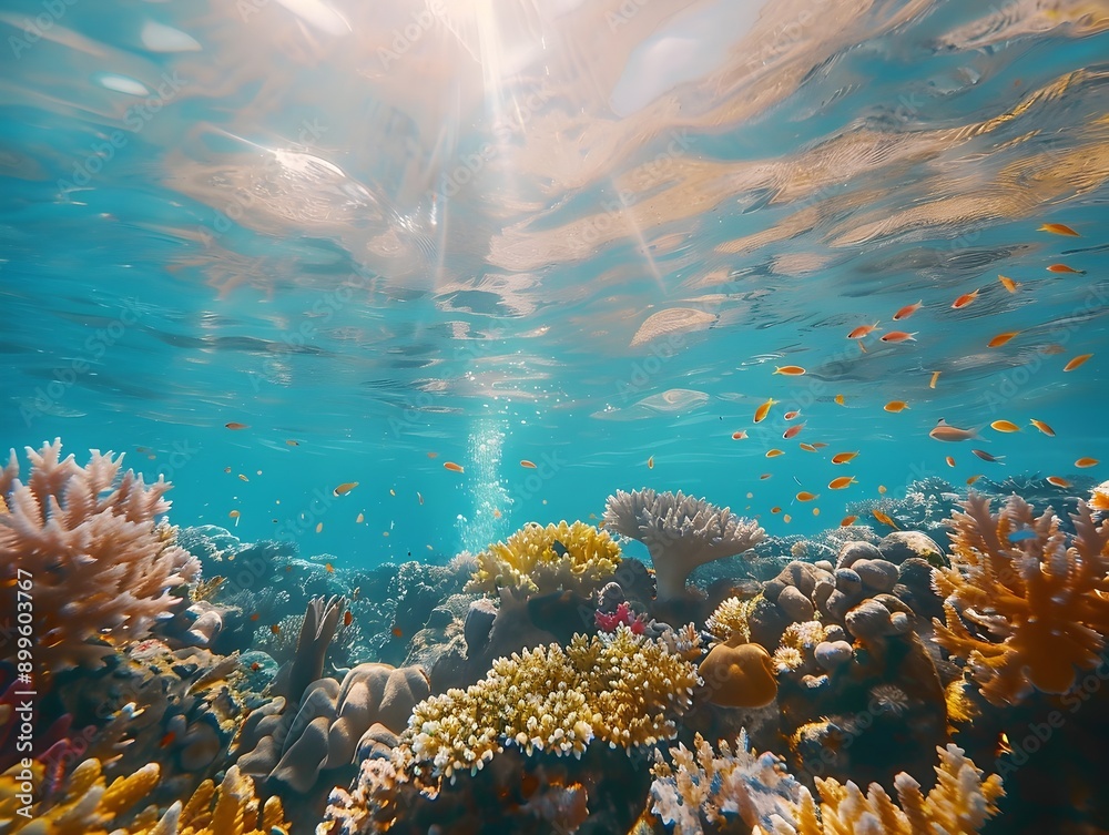 Naklejka premium Vibrant Coral Reef Teeming with Diverse Marine Life in Clear Blue Tropical Ocean Waters