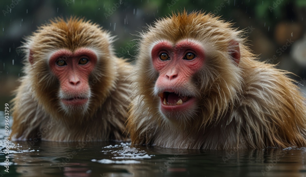 Naklejka premium Curious Monkeys in Rainy Water