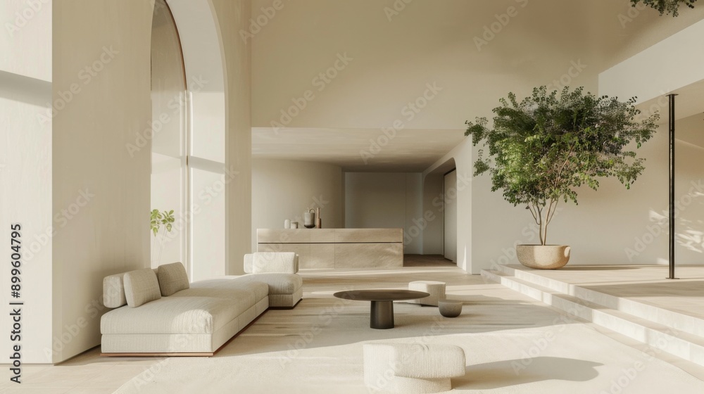 A spacious, modern living room with neutral tones, large windows, minimalist furniture, and indoor plants, creating a serene ambiance. A spacious, modern living room with neutral tones, large windows, minimalist furniture, and indoor plants, creating a serene ambiance.