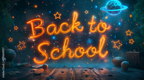 Fototapeta Naklejka Na Ścianę i Meble -  A glowing neon sign that reads Back To School is displayed in a space-themed setting with stars and a planet.