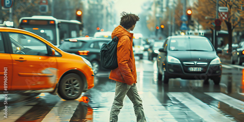 A young person trying to cross a busy street without looking both ways, being hit by a car.