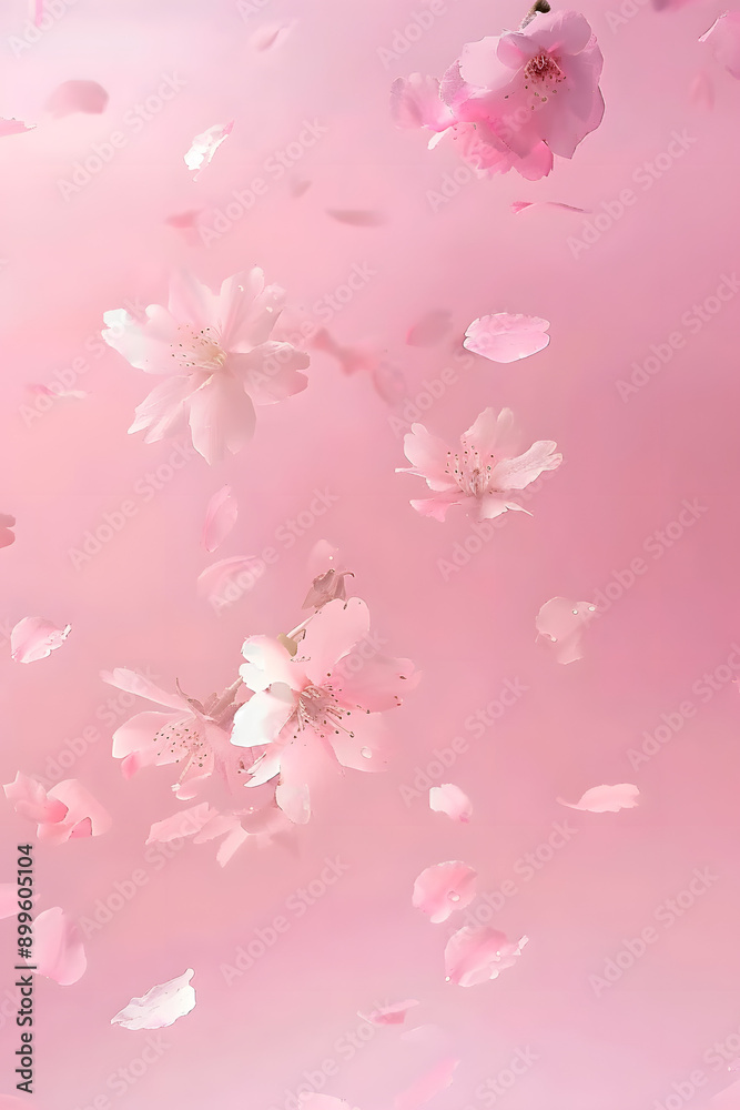 Delicate Cherry Blossoms Falling Against a Pink Background