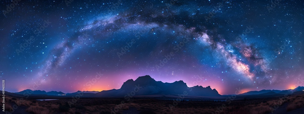 Majestic Milky Way. Dark sky filled with stars and Milky Way galaxy arching over a... Majestic Milky Way. Dark sky filled with stars and Milky Way galaxy arching over a...