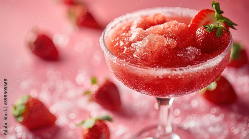 Refreshing strawberry frozen cocktail in a glass with sugared rim on pink background Refreshing strawberry frozen cocktail in a glass with sugared rim on pink background