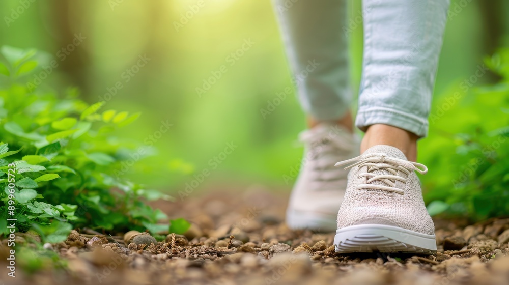 Closeup of casual walking shoes on forest path with greenery and sunlight Closeup of casual walking shoes on forest path with greenery and sunlight