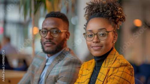 a man and woman sitting in a modern office setting © Karaket