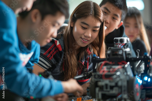 Students in class building robot