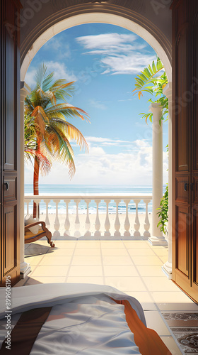 Panorama Photography of Ocean View Bedroom with Surreal 3D Landscapes photo