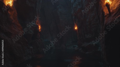 Animation of a passage through dark cave with burning torches.
