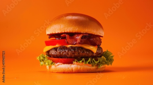 Cheese burger with bacon, against a orange background