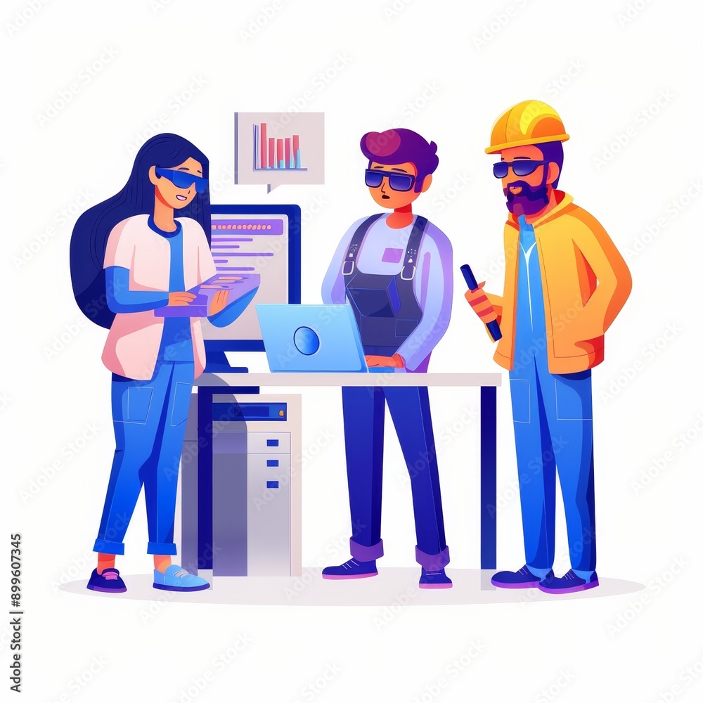 Three people are standing around a table with a laptop