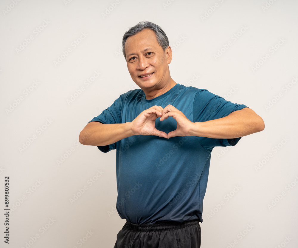 Senior asian old man with sportswear showing heart sign on isolated white background. Portrait happy healthy fit and firm attractive sporty mature man standing pose exercise workout in studio. Senior asian old man with sportswear showing heart sign on isolated white background. Portrait happy healthy fit and firm attractive sporty mature man standing pose exercise workout in studio.