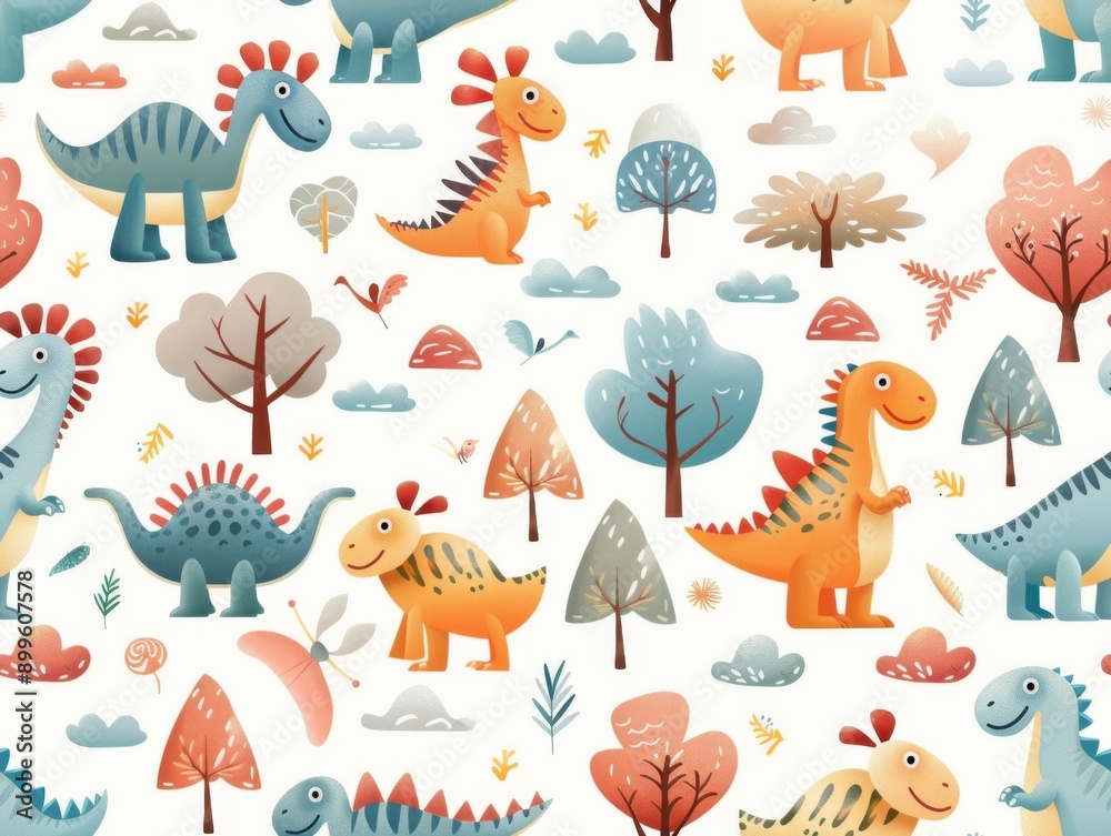 Obraz premium Colorful cartoon dinosaur pattern with trees and clouds, perfect for kids' backgrounds, designs, and creative projects.