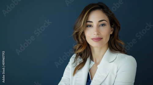 Confident Professional Woman in White Jacket Portraying Trust and Reliability on Navy Blue Background