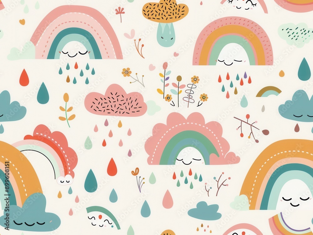 Cute seamless pattern featuring smiling rainbows, clouds, raindrops, and nature elements in pastel colors, perfect for children's designs. Cute seamless pattern featuring smiling rainbows, clouds, raindrops, and nature elements in pastel colors, perfect for children's designs.