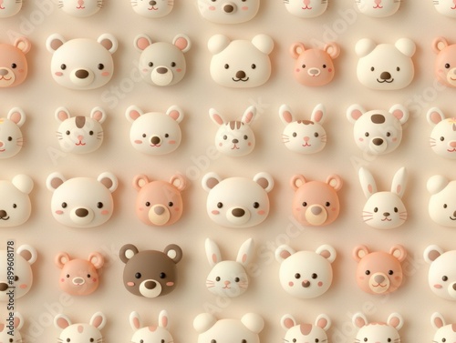 Cute seamless pattern of 3D animal faces, featuring bears, rabbits, and other adorable characters in pastel colors on a beige background.