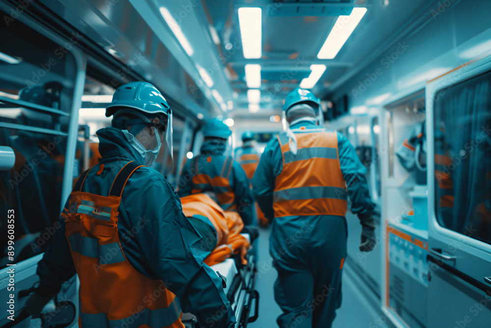 Emergency medical team in action, providing care in a moving vehicle, wearing protective gear and reflective vests.