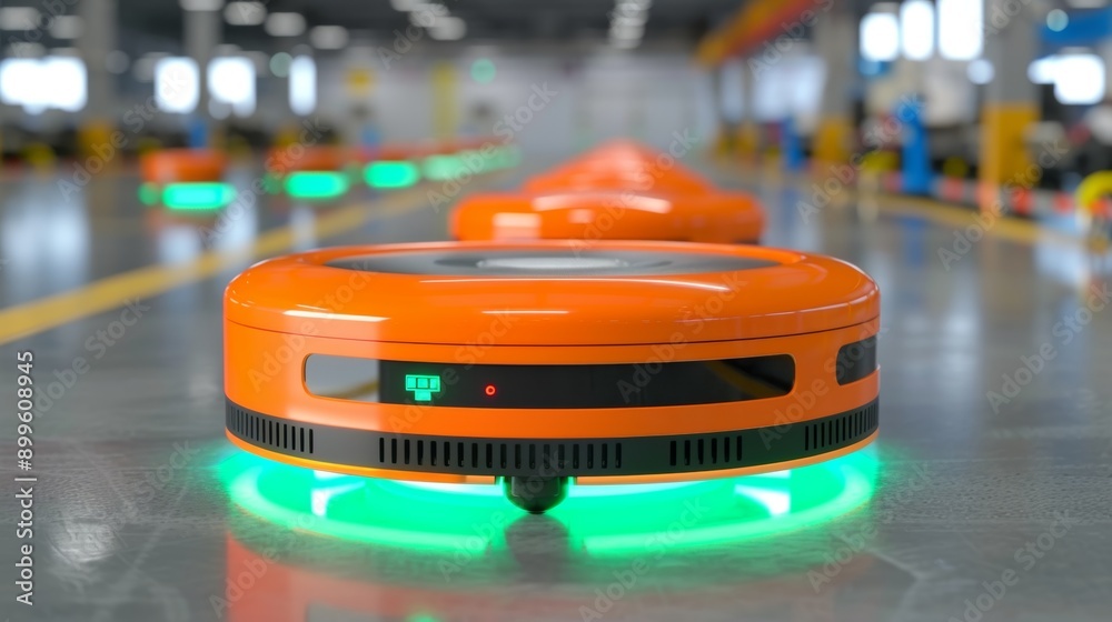 A line of autonomous guided robots move along a factory floor, showcasing the future of automation. A line of autonomous guided robots move along a factory floor, showcasing the future of automation.