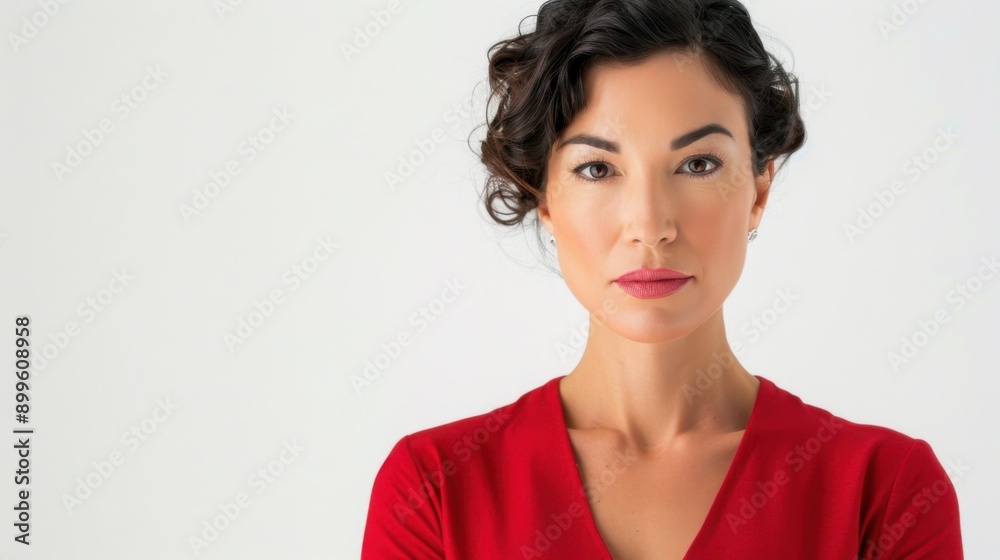 Ambitious Businesswoman in Red Dress Portraying Confidence and Clarity on White Background Ambitious Businesswoman in Red Dress Portraying Confidence and Clarity on White Background
