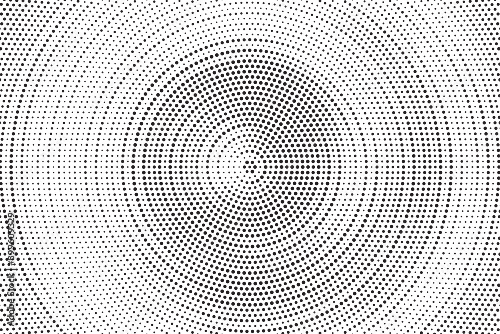 Radial halftone gradient background. Dotted concentric texture with fading effect. Black and white circle shade wallpaper. Grunge rough vector. Monochrome backdrop