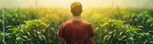 A person stands in a vibrant green field, basking in the warm glow of the sun, representing hope and new beginnings.