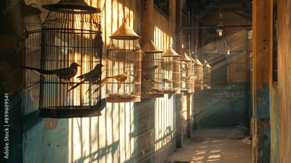 An image shows various bird cages with birds perched inside, illuminated by sunlight in a serene setting, evoking a peaceful and nostalgic atmosphere. An image shows various bird cages with birds perched inside, illuminated by sunlight in a serene setting, evoking a peaceful and nostalgic atmosphere.