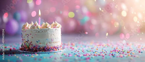 A vanilla birthday cake with sprinkles and a pink candle sits on a light blue background, surrounded by confetti and bokeh lights, creating a festive atmosphere.