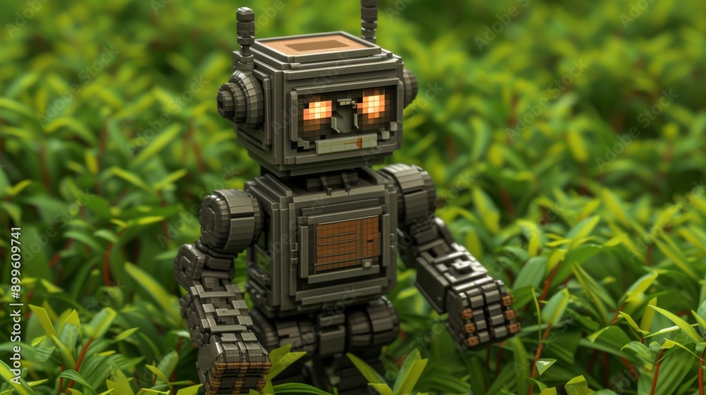 A retro-styled, pixelated robot with illuminated eyes stands in vibrant green foliage, merging the charm of classic robotics with the beauty of nature. Ideal for themes involving technology and nature A retro-styled, pixelated robot with illuminated eyes stands in vibrant green foliage, merging the charm of classic robotics with the beauty of nature. Ideal for themes involving technology and nature