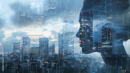 A complex digital artwork depicting a man’s silhouette against a backdrop of intense city lights and snow, illustrating the stark contrasts and challenges of urban life during winter.